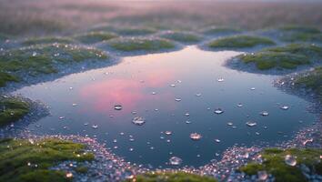 Puddle Reflecting Sky on Mossy Ground with Water Droplets photo