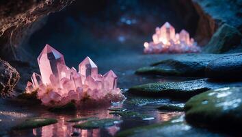 Glowing Pink Crystals in Water Cave Sparkling with Mystical Light photo