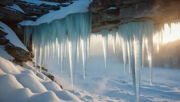 Icicles Hanging From Rock Formation on Snowy Landscape at Sunset photo