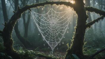 Dew Covered Spiderweb Hanging in Forest During Sunrise Creating Magical Scene photo