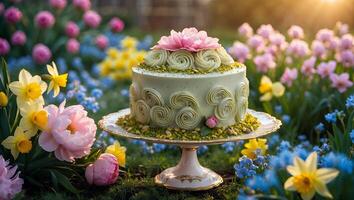 Decorated Cake Displayed Outdoors Among Blossoming Flowers on a Pedestal Stand photo