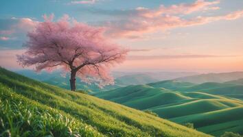 Solitary Pink Blossoming Tree on Rolling Green Hills at Sunset photo