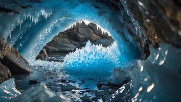 Exploring Ice Cave Interior with Blue Crystals and Dripping Icicles photo