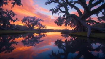 Reflecting Trees in Calm Water at Sunset with Vibrant Sky photo