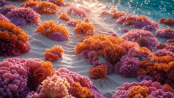 Exploring Colorful Coral Reef on Sandy Seabed with Bubbles Rising photo