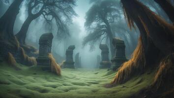 Exploring Foggy Forest Ruins Path with Mossy Ground and Ancient Trees photo