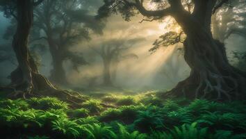 Mystical Forest Scene with Sun Rays Shining Through Fog and Ferns photo