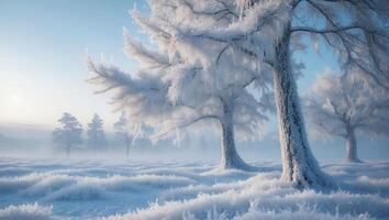 Winter Landscape with Snow Covered Trees and Field in Fog photo
