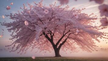 Blooming Tree with Pink Flowers and Falling Petals on Misty Morning photo