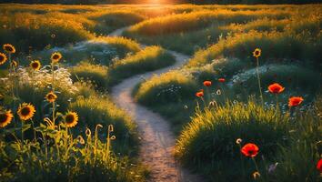 Walking Path Through Field of Wild Flowers at Golden Sunset photo