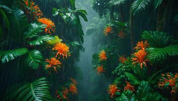 Rain Falling in Lush Jungle with Tropical Flowers and Greenery photo