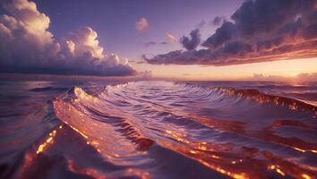 Ocean Waves Flowing Under Colorful Sunset Sky with Dramatic Clouds photo