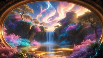 Waterfall Flowing Into Tranquil Lake with Magical Sky and Floral Setting photo