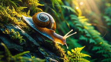 Snail Crawling on Mossy Tree Branch in Lush Green Forest photo