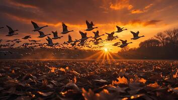 Geese Flying Over Field of Leaves at Sunset with Golden Light photo