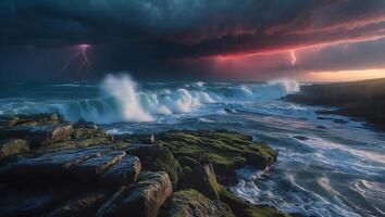 Ocean Waves Crashing on Rocky Shoreline with Lightning Storm photo