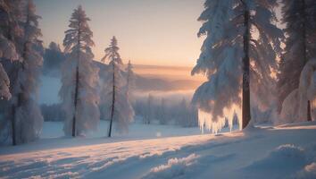 Snowy Forest at Dusk Icicles Hanging From Trees Winter Scenery photo