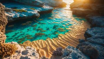 Crystal Clear Turquoise Water with Sandy Seabed and Rocky Coastline photo