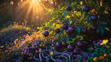 Harvesting Dark Fruits in a Sunlit Garden with Colorful Flowers photo