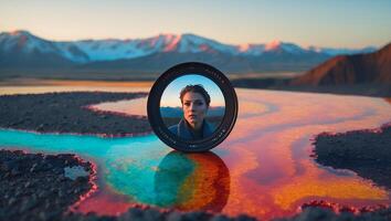 Woman Within Camera Lens on Colorful Landscape Reflecting Snowy Mountains photo