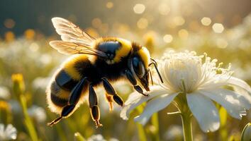 Bumblebee Collecting Pollen From White Flower in Golden Sunlight Outdoors photo
