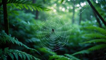 Spider Weaving Web in Forest Covered with Dew Drops photo