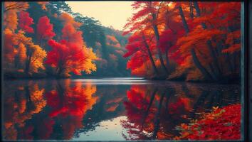Autumn Forest Reflection in Water with Vibrant Colorful Fall Foliage photo