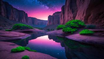 Canyon River Reflecting Night Sky with Vibrant Colors and Green Shrubs photo
