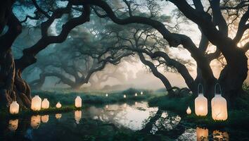 Glowing Lanterns in Mystical Forest Reflecting in Calm Water Scenery photo