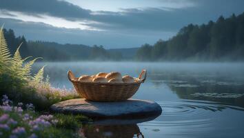 Basket of Rolls by Lake on Rock with Misty Forest View photo