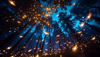 Looking Up at Tall Trees with Flying Lights in Forest photo