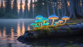 Glowing Mushrooms on Log at Waters Edge in Forest During Sunset photo