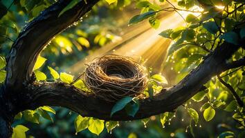 Nest Resting on Branch with Sunlight Streaming Through Green Leaves photo