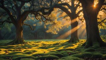 Sunlight Streaming Through Forest Trees Over Mossy Ground Landscape photo