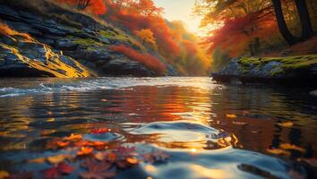 River Flowing Through Autumn Forest Reflecting Sunset with Fallen Leaves photo