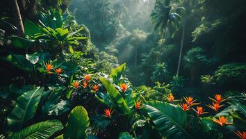 Lush Tropical Forest with Orange Flowers and Mist in the Distance photo