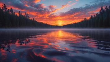 Reflecting Lake at Fiery Sunset with Forest Edges and Mistical Haze photo