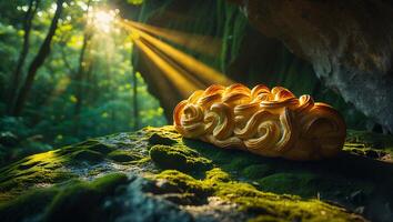 Braided Bread on Mossy Rock with Sunlight Filtering Through Trees photo