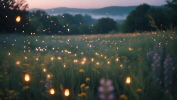 Glowing Lights Illuminate Wildflower Meadow at Dusk with Misty Mountains photo