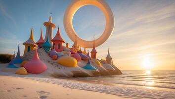 Colorful Fantasy Architecture on Beach with Ring at Peaceful Sunset photo