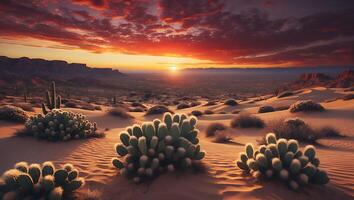 Cactus Plants in Desert Landscape During Sunset with Colorful Sky photo