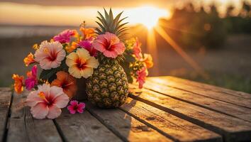 Tropical Pineapple and Hibiscus Flower Arrangement at Sunset on Wood photo