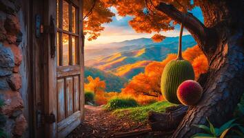 Open Door to Colorful Autumn Hills with Unique Fruit Hanging photo