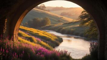 River Flowing Through Green Hills Under Stone Archway at Sunset photo