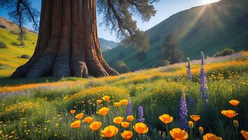 Giant Redwood Tree Standing in a Wildflower Meadow with Sunlight photo