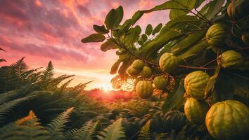 Tropical Fruits Growing on Tree with Ferns at Colorful Sunset photo
