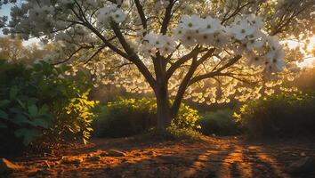 Blooming Tree with White Flowers and Sunlight Filtering Through Branches photo