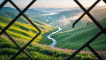 River Winding Through Green Hills Seen Through Wire Fence photo