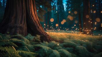 Magical Forest Scene with Glowing Lights and Ferns Landscape photo