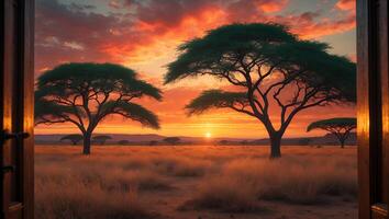 Viewing African Savanna Sunset Through Open Window Warmth and Tranquility photo